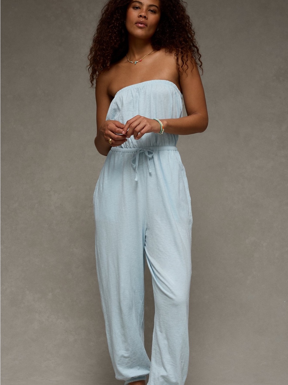 American Eagle Outfitters Strapless Powder Blue Drawstring Jumpsuit